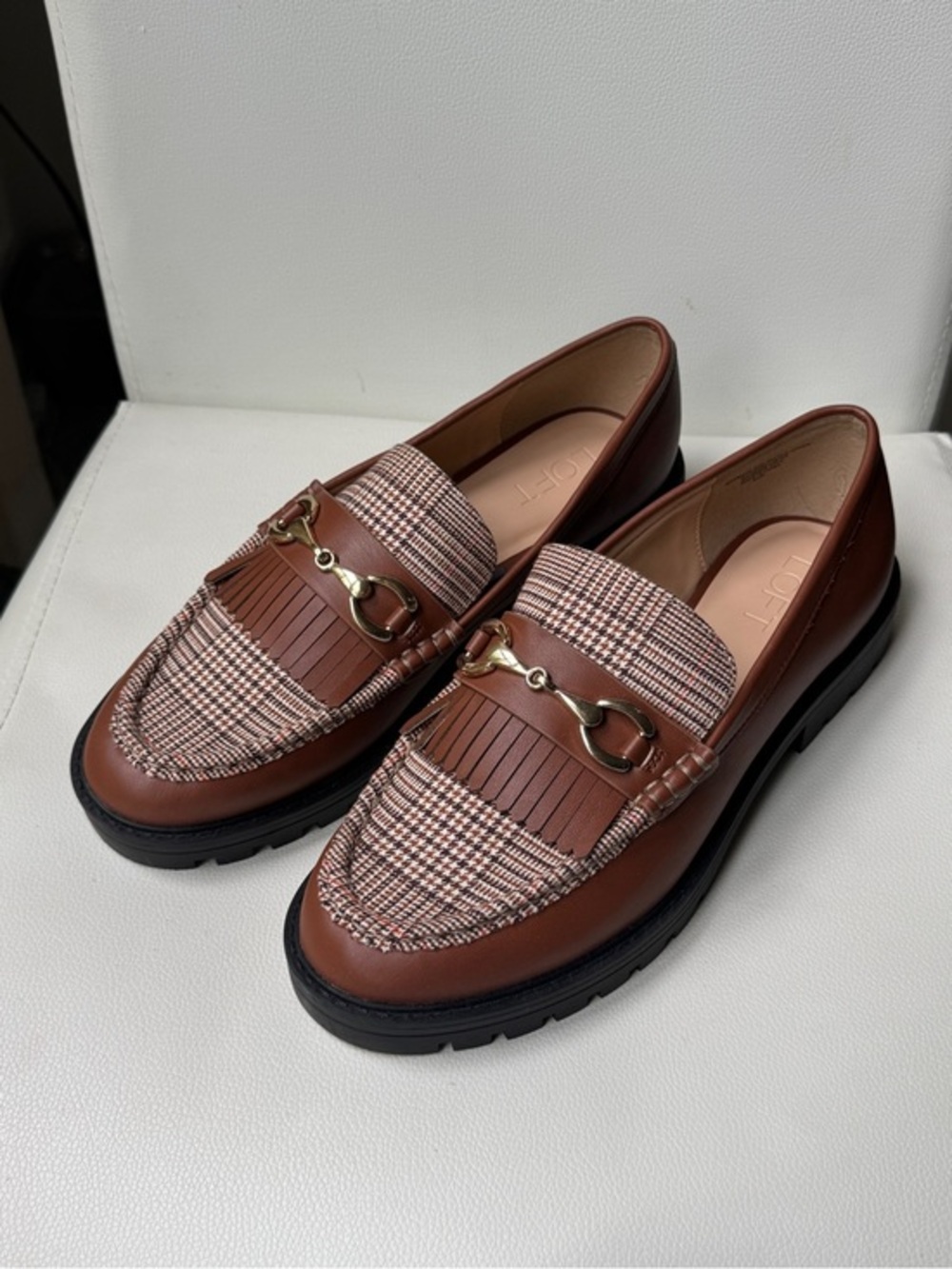 LOFT Brown Plaid Leather Horsebit Loafers with Fringe Kiltie